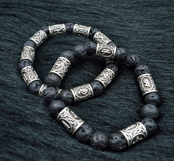 Bracelet viking - pierre de lave & runes - argent - noir